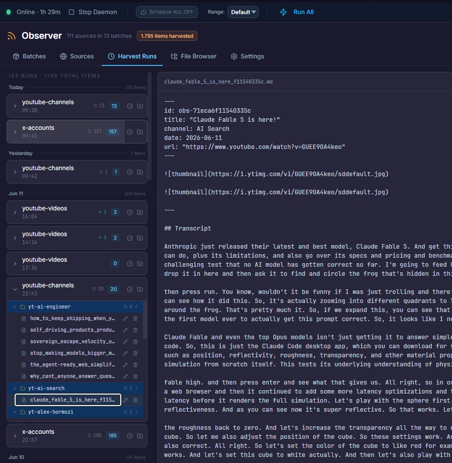 The Harvest Runs timeline beside a raw harvested item in the file browser