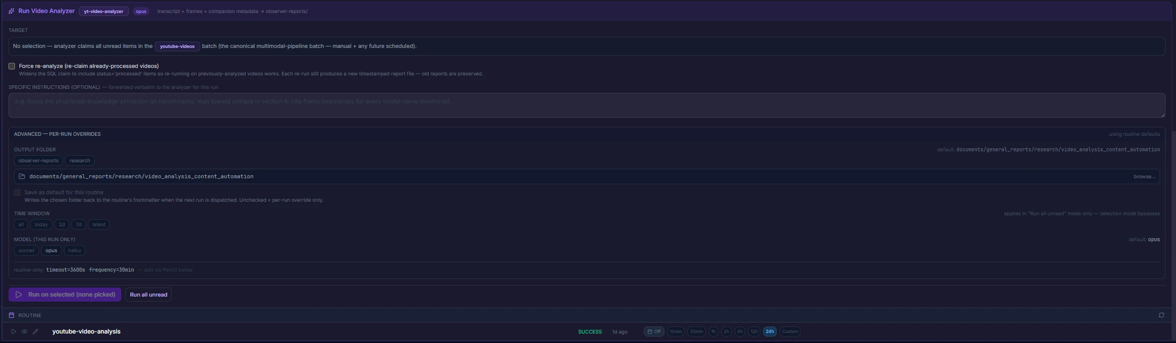 Running the multimodal video analyzer with per-run overrides and a schedule