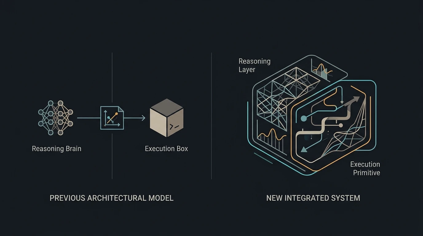 Diagramm zum Vergleich der alten getrennten Reasoning-und-Ausführungs-Architektur mit dem neuen integrierten Modell, bei dem Reasoning die Ausführungsprimitive umschließt