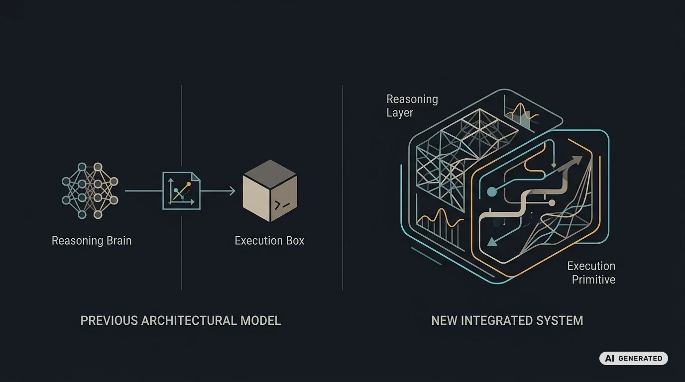 Diagram comparing the old separated reasoning-and-execution architecture with the new integrated model where reasoning wraps around the execution primitive