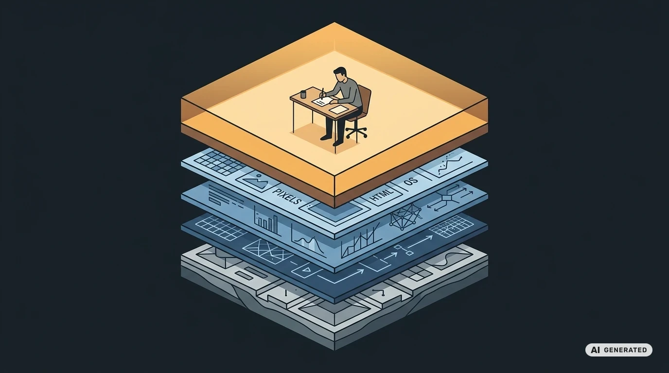 Geological layers metaphor showing the specification layer expanding upward while the automated execution layer compresses, with a human brief-writer at the top