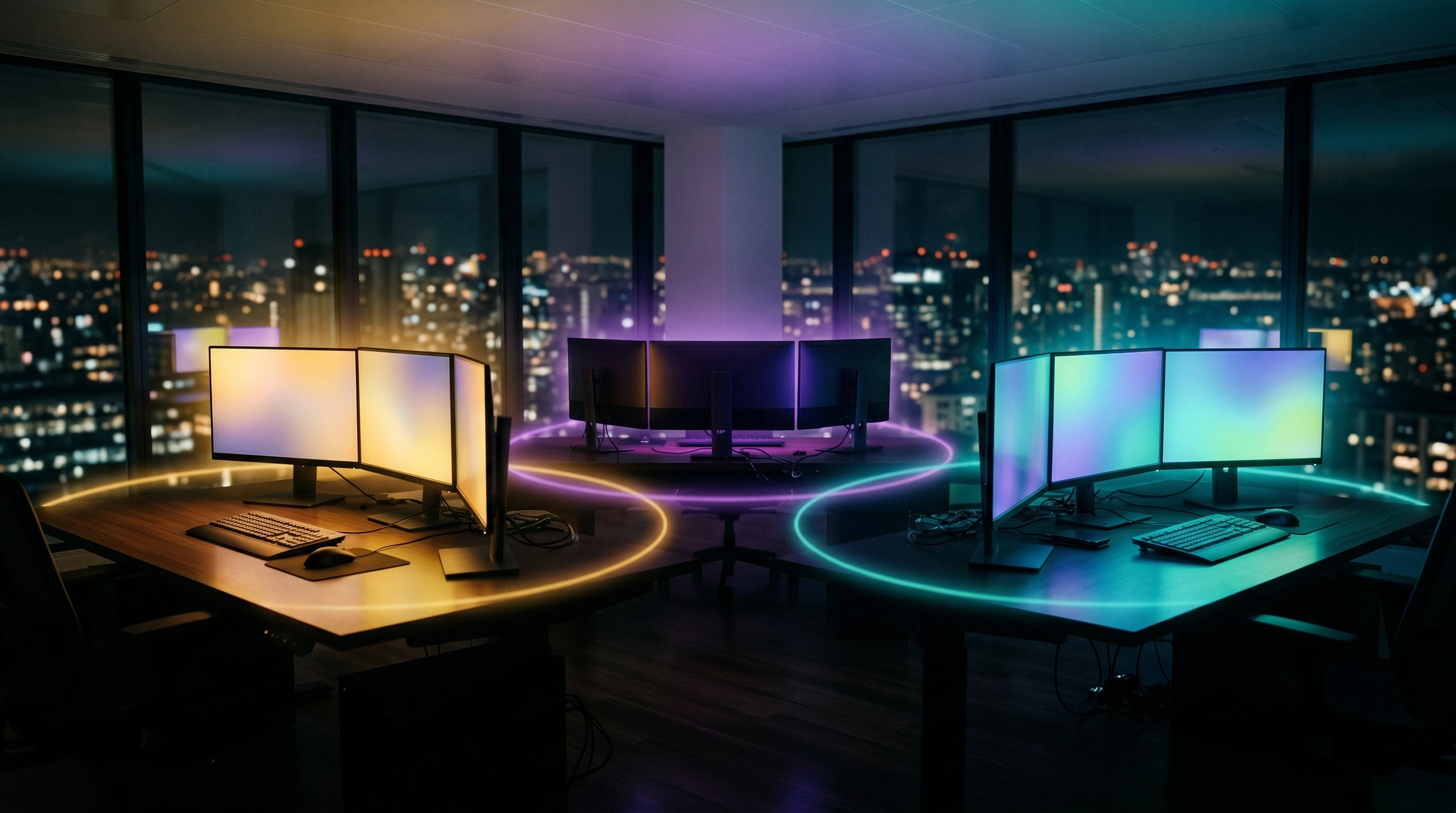 Drei agentische Coding-Editor-Workstations, die nachts beleuchtet sind, jede mit eigenem Farbsignal – symbolisch für die gemeinsame Angriffsfläche konkurrierender Tools