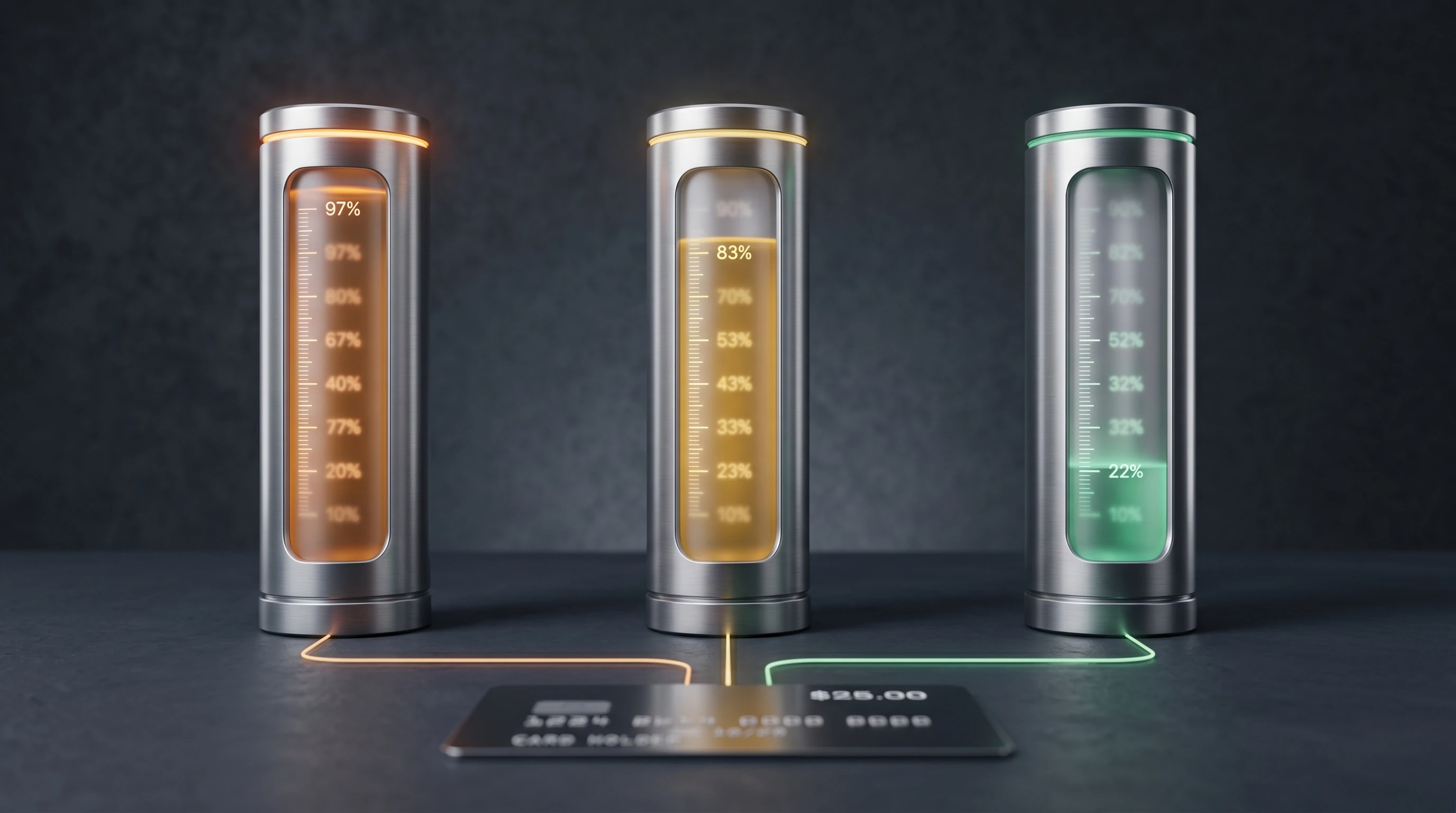Three separate AI quota meters at different fill levels converging onto a single monthly billing card, representing fragmented compute budgets under one subscription