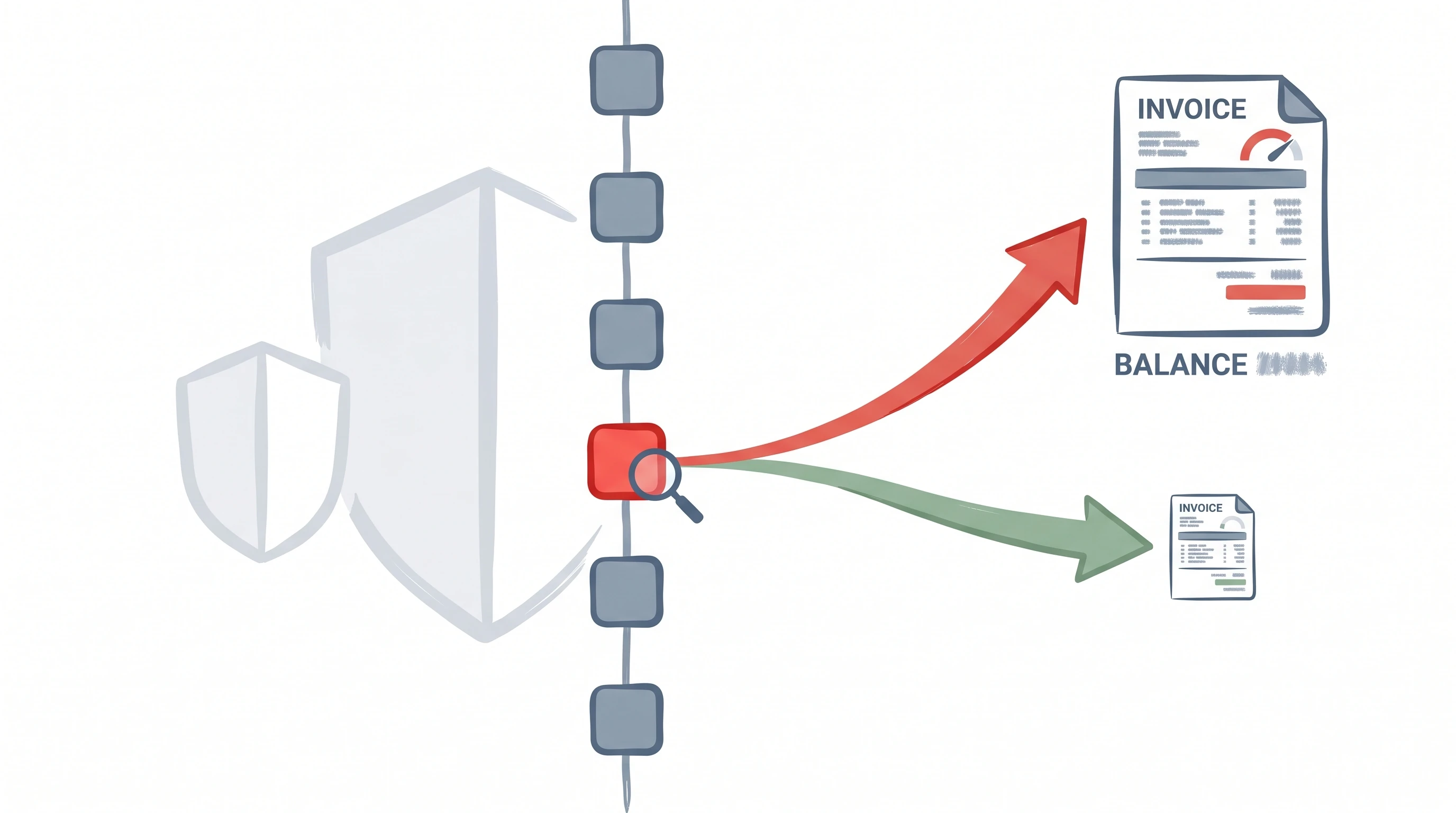 A git commit history tree where one highlighted commit triggers a steep billing divergence above the expected cost path, illustrating the Hermes.MD anti-abuse detection misfire