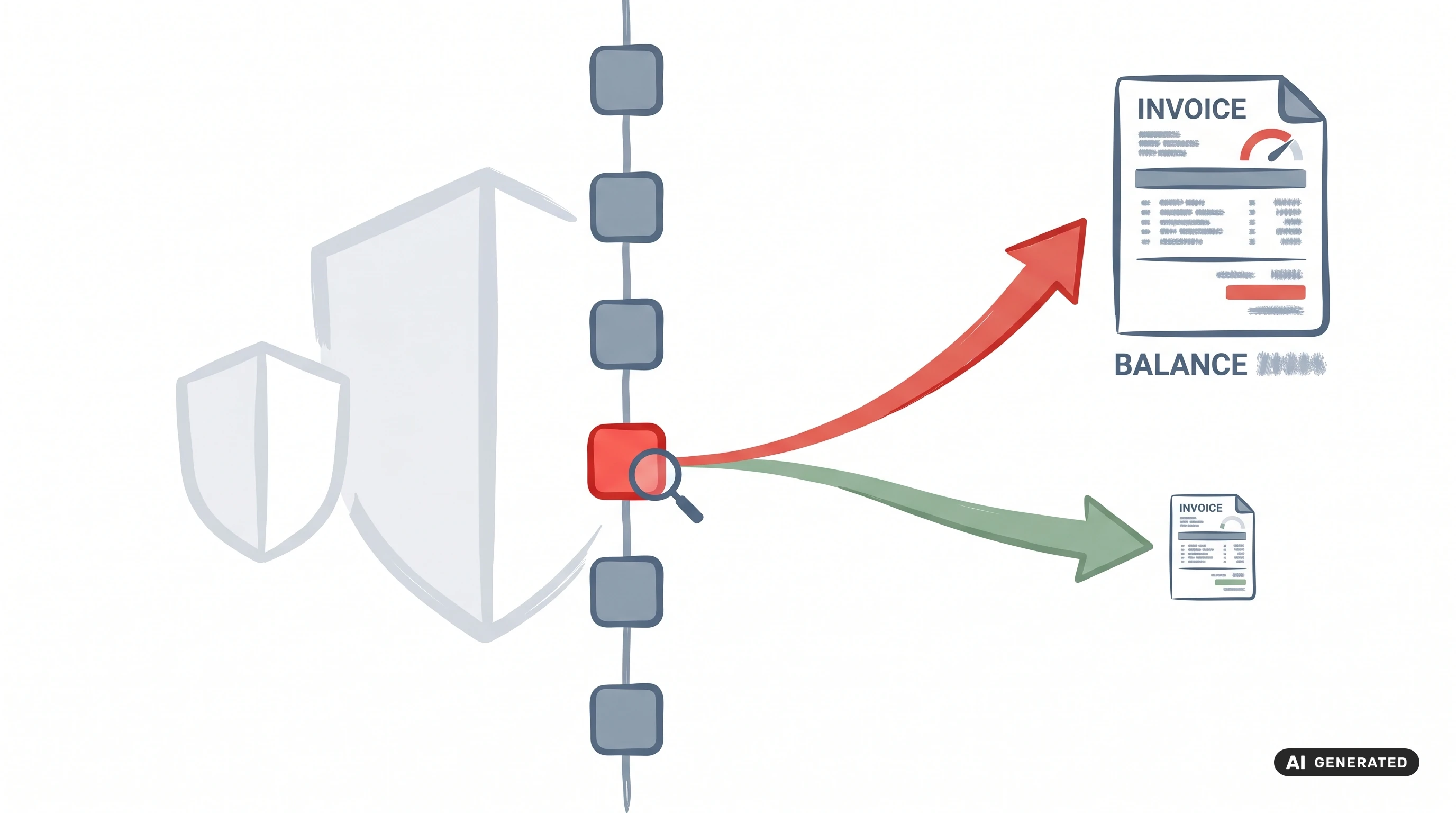 Eine Git-Commit-History-Baumansicht, in der ein hervorgehobener Commit eine starke Abrechnungsabweichung über dem erwarteten Kostenpfad auslöst – Illustration des Hermes.MD-Anti-Missbrauch-Fehlalarms