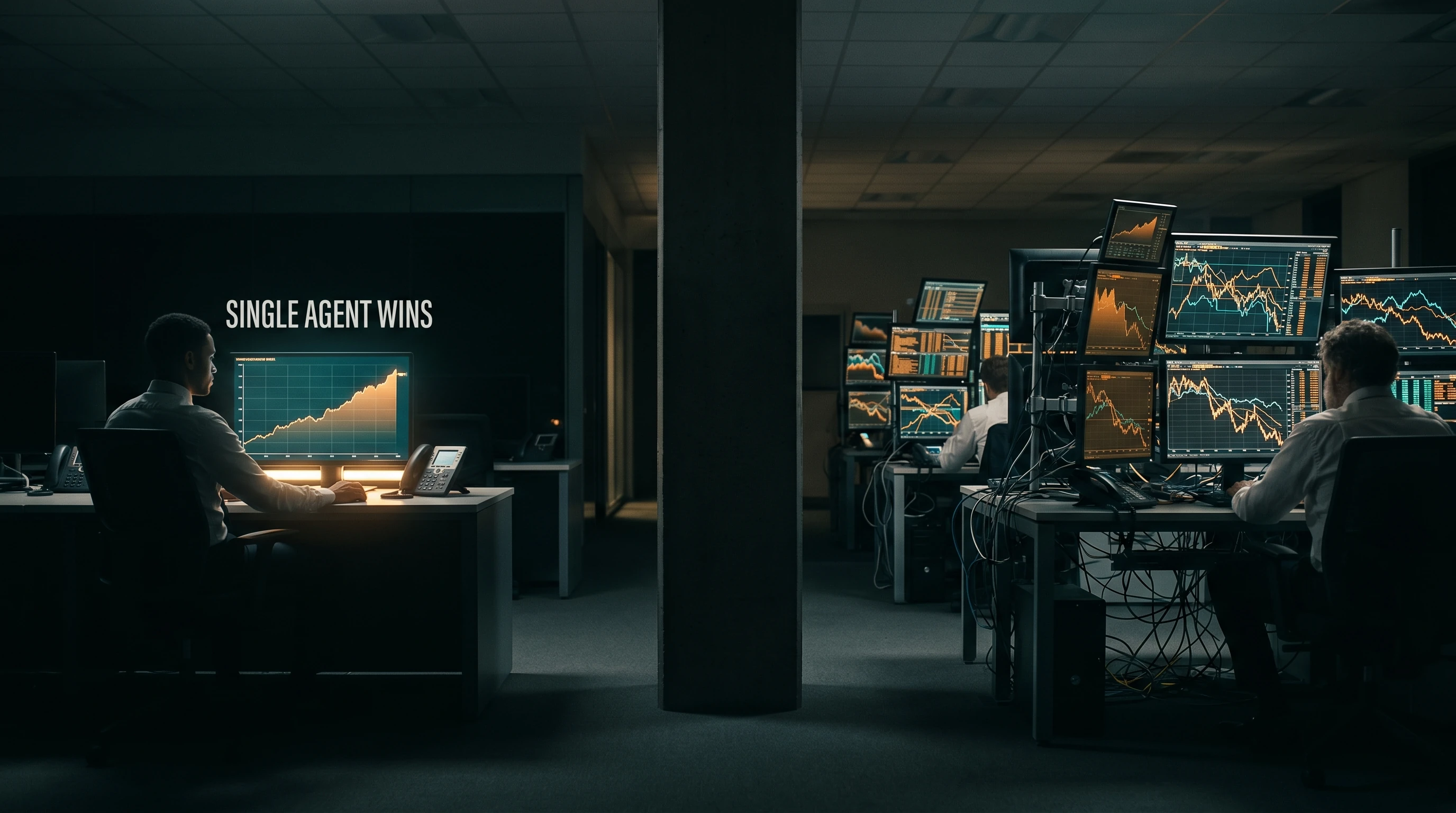 A split control-room scene contrasting a single focused agent terminal rising on performance metrics (left) against a chaotic cluster of multi-agent terminals declining (right), lit in amber and teal chiaroscuro