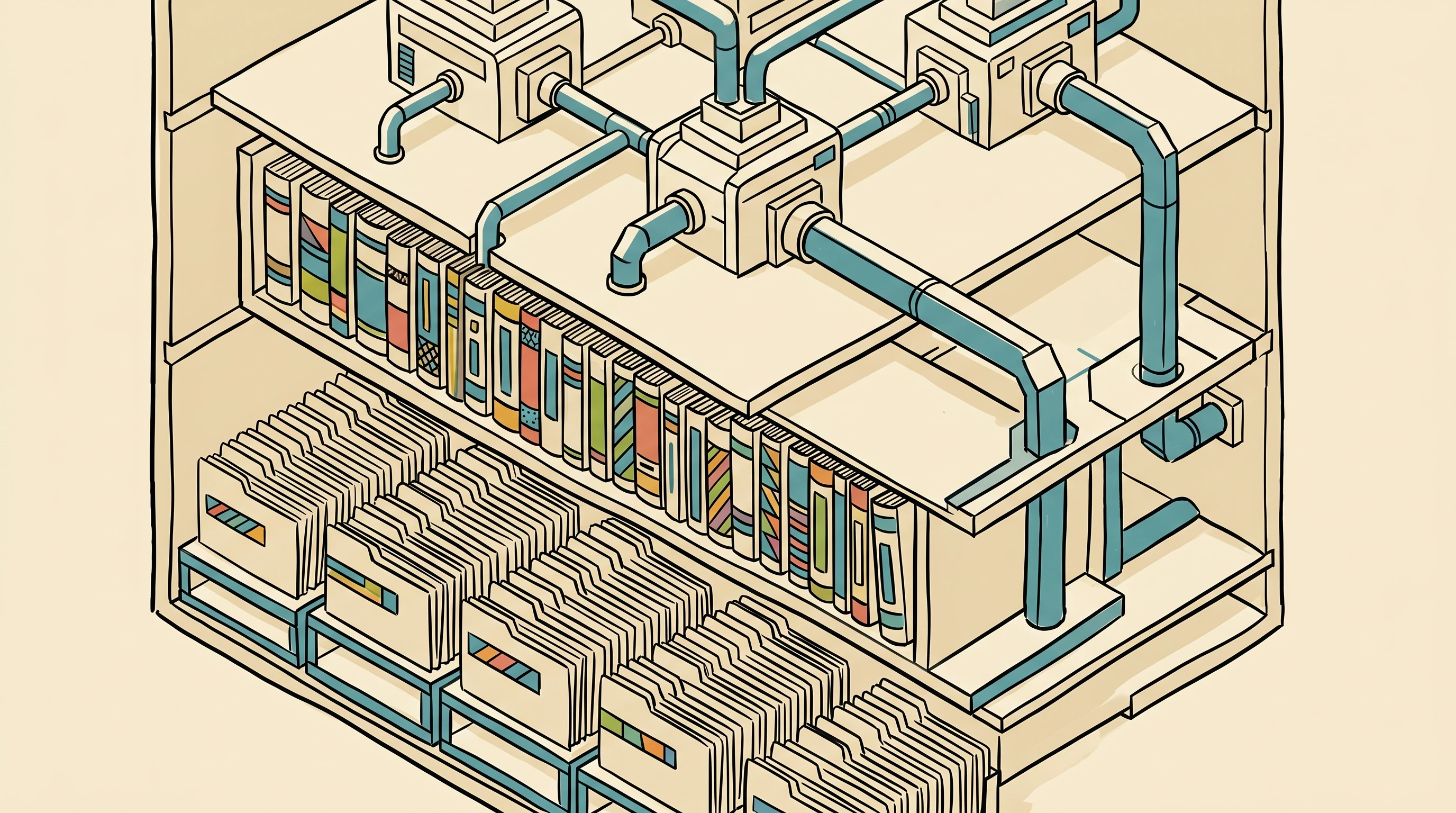 An isometric technical cross-section showing a three-tier skills distribution architecture: individual skill files at the base, a versioned registry shelf in the middle, and networked organizations receiving synchronized packages at the top, connected by blue-green geometric conduits