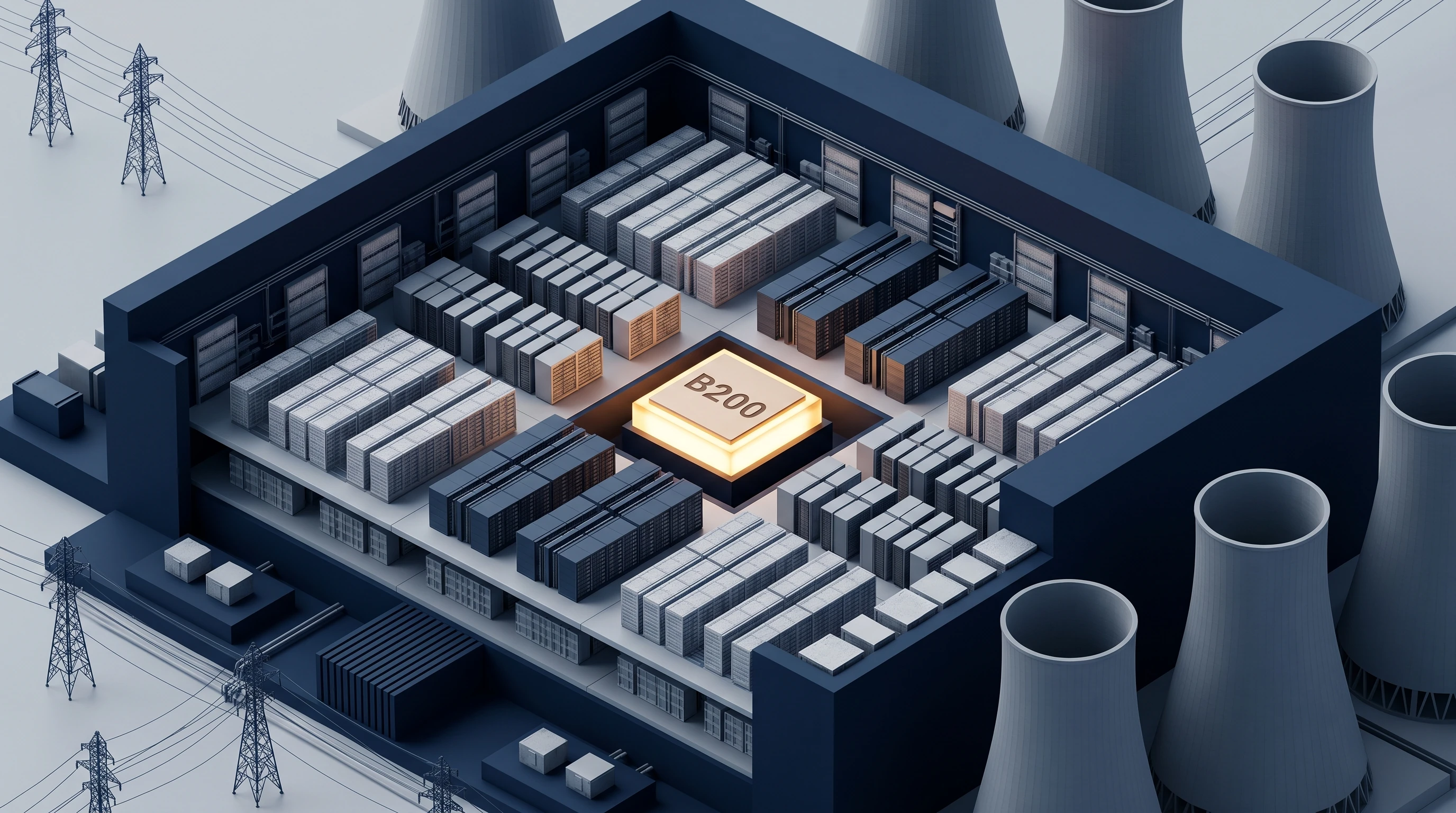 Isometrischer Rechenzentren-Querschnitt, der eine Compute-Kostendivergenz zeigt — ein einzelnes Blackwell-GPU-Element leuchtet heller als die umgebende Standardinfrastruktur