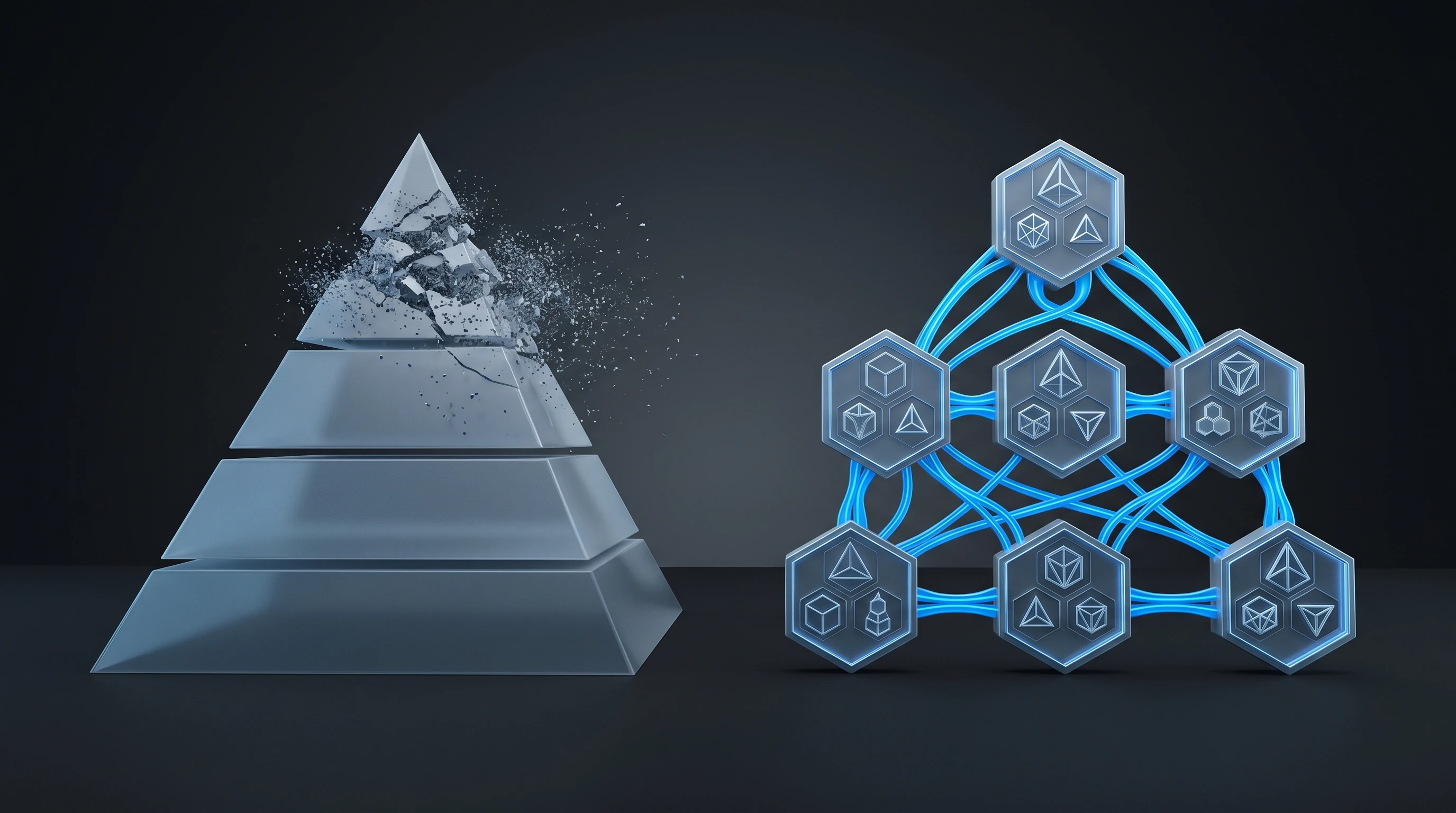 Organizational pyramid dissolving into a flat network of specialized AI-native pods
