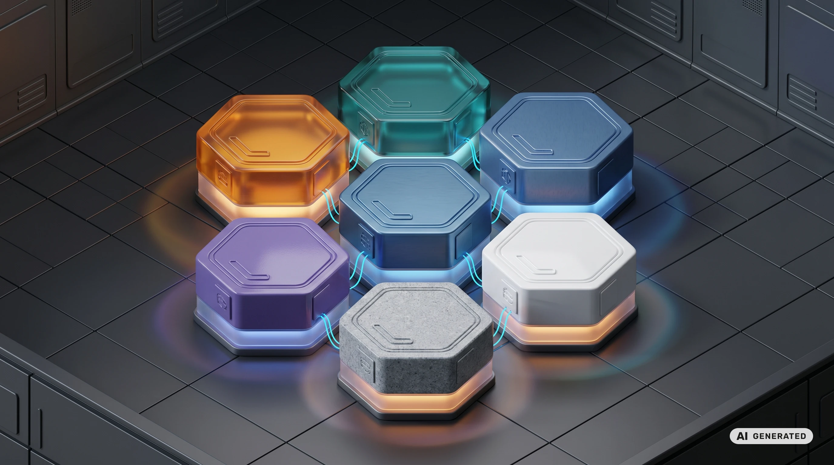 Six hexagonal benchmark podiums at different elevations representing the emerging evaluation economy across agent infrastructure layers