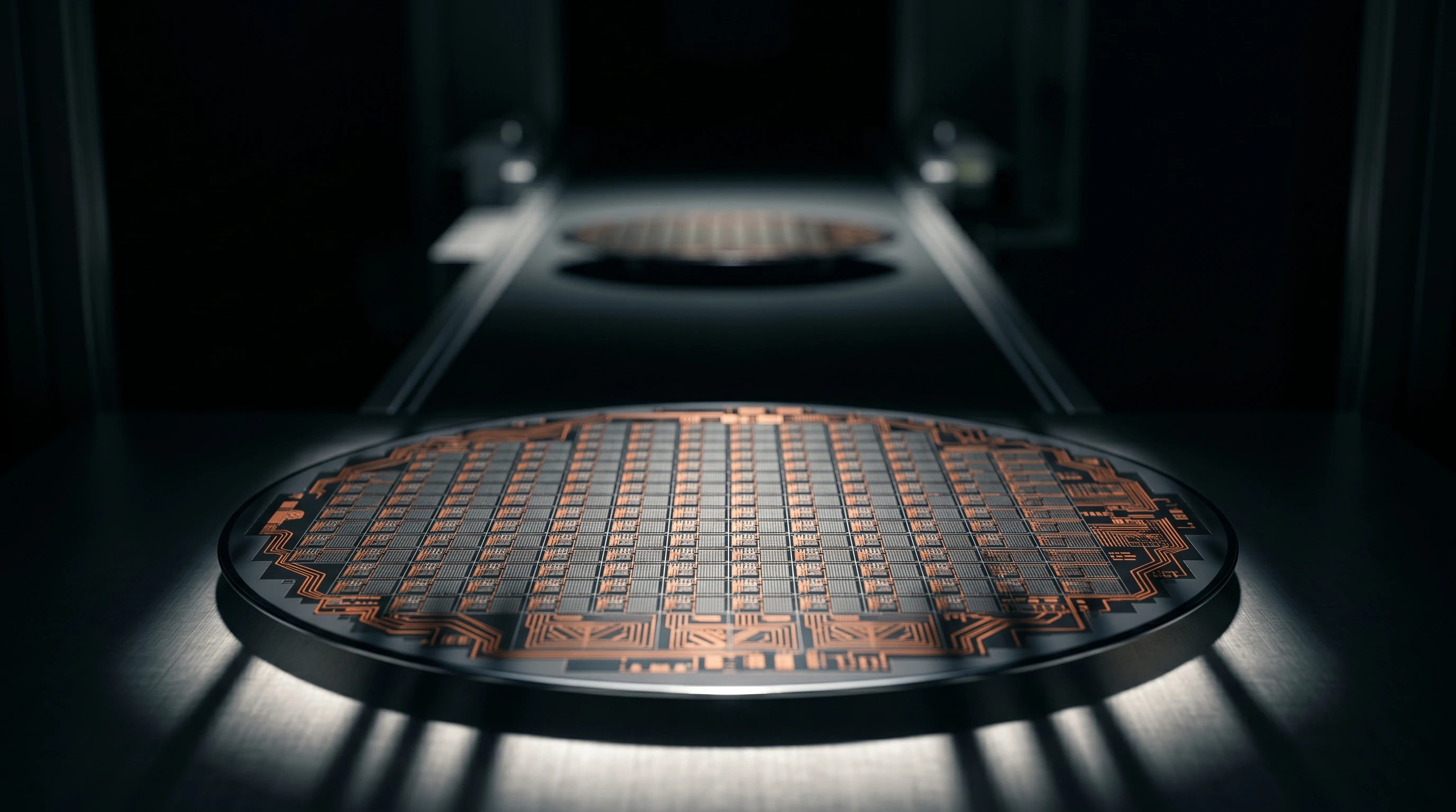 Two semiconductor wafers at vastly different focal depths illustrating the compute manufacturing gap between US and Chinese chip industries