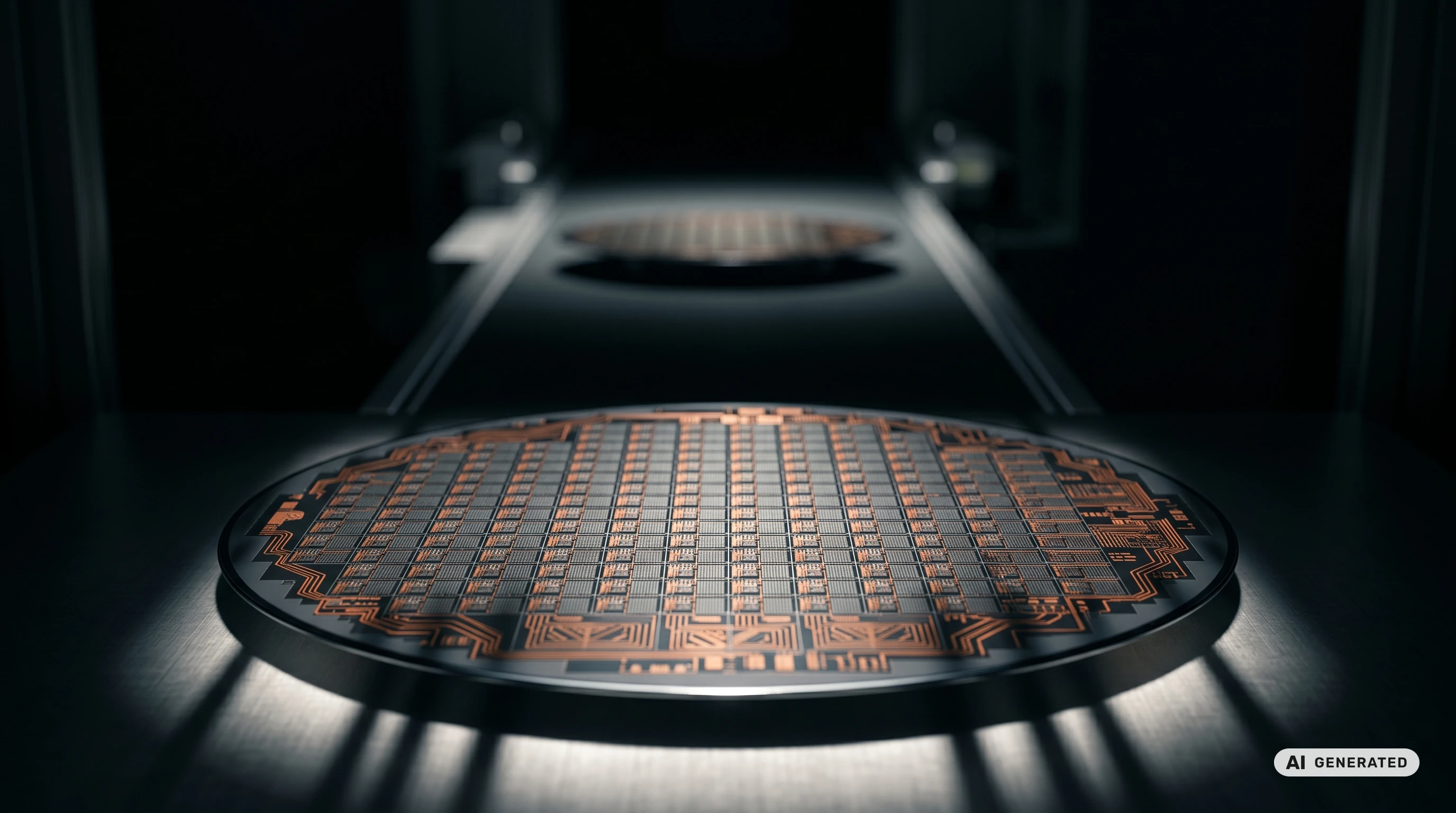 Zwei Halbleiter-Wafer in stark unterschiedlichen Fokusebenen, die den Compute-Fertigungsabstand zwischen US-amerikanischer und chinesischer Chipindustrie veranschaulichen