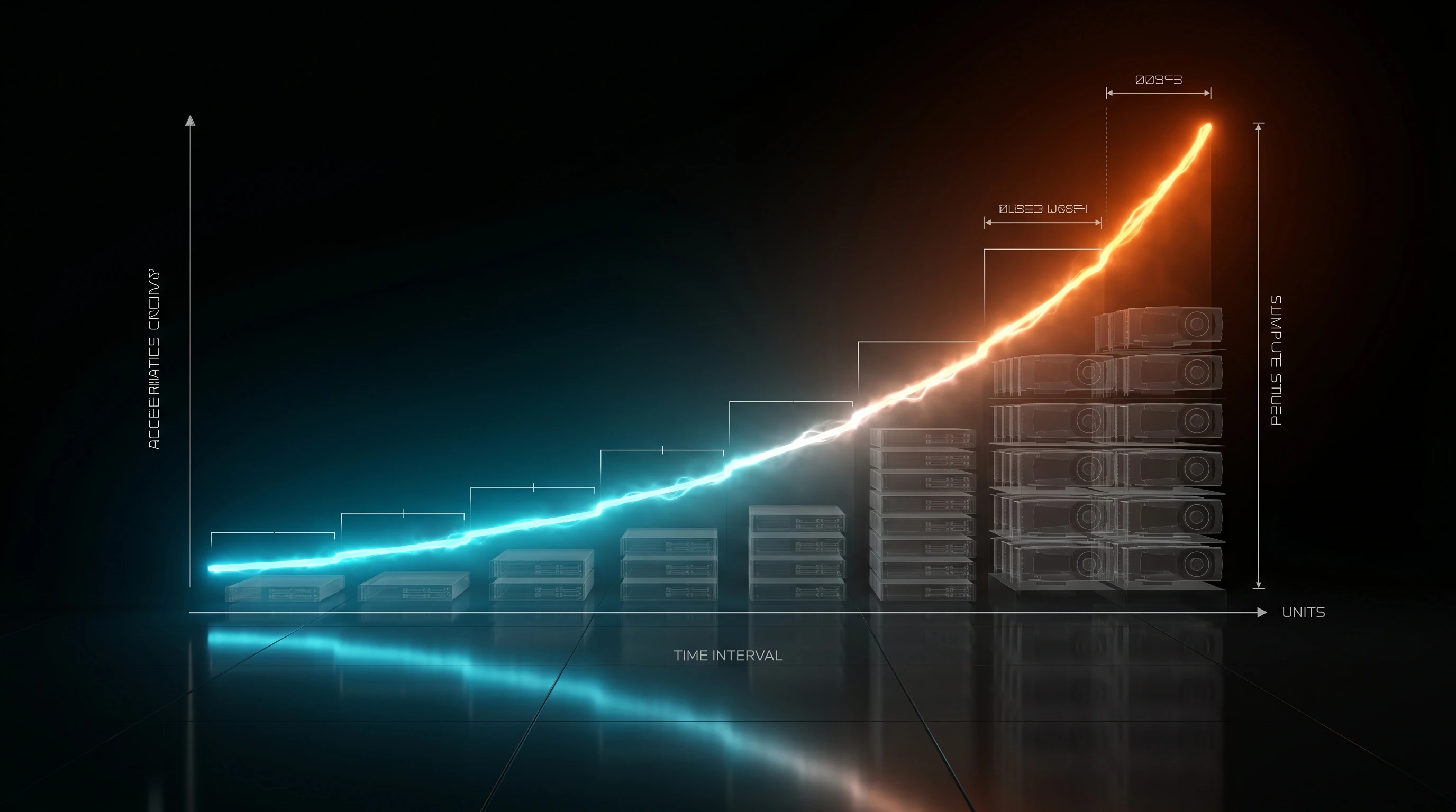 Exponentielle Fähigkeitskurve über einem Sockel aus Server-Infrastruktur — Visualisierung der 4,5-Monats-Verdopplungsrate für KI-Cyber-Fähigkeiten des UK AI Security Institute