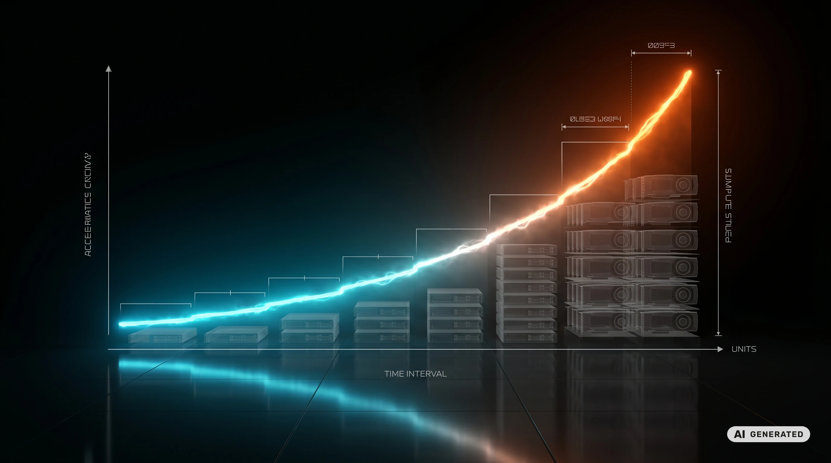 Exponentielle Fähigkeitskurve über einem Sockel aus Server-Infrastruktur — Visualisierung der 4,5-Monats-Verdopplungsrate für KI-Cyber-Fähigkeiten des UK AI Security Institute