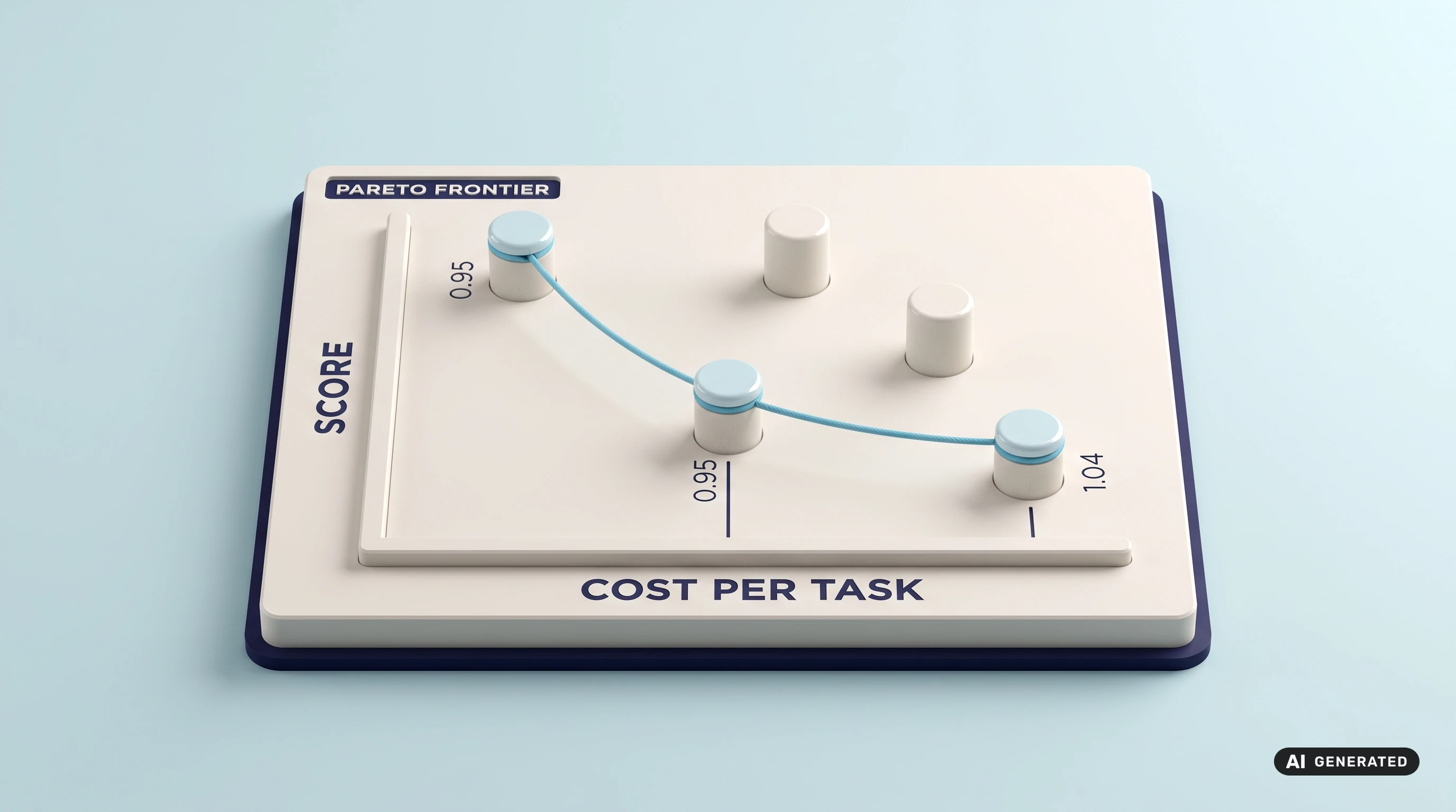 A scatter plot built as a physical object, its axis rails labelled cost per task and score, with three marker pucks strung along a cyan frontier cord and two stranded behind it.