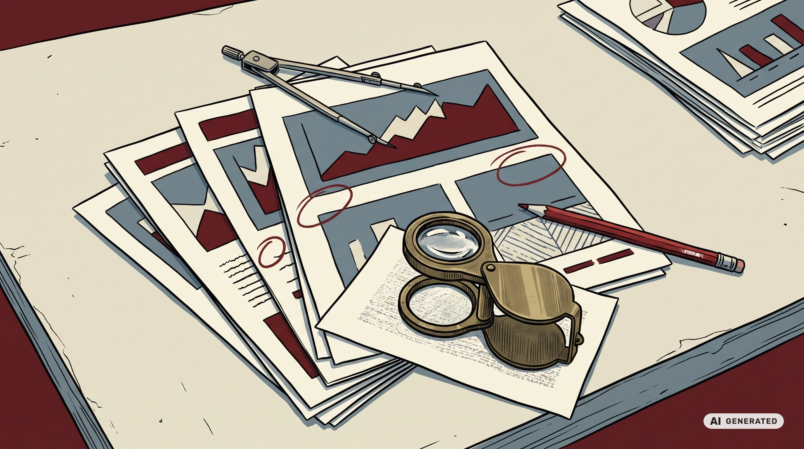 An overhead view of a drafting table with a fanned stack of report pages, a brass loupe, dividers and a red grease pencil that has circled several findings.