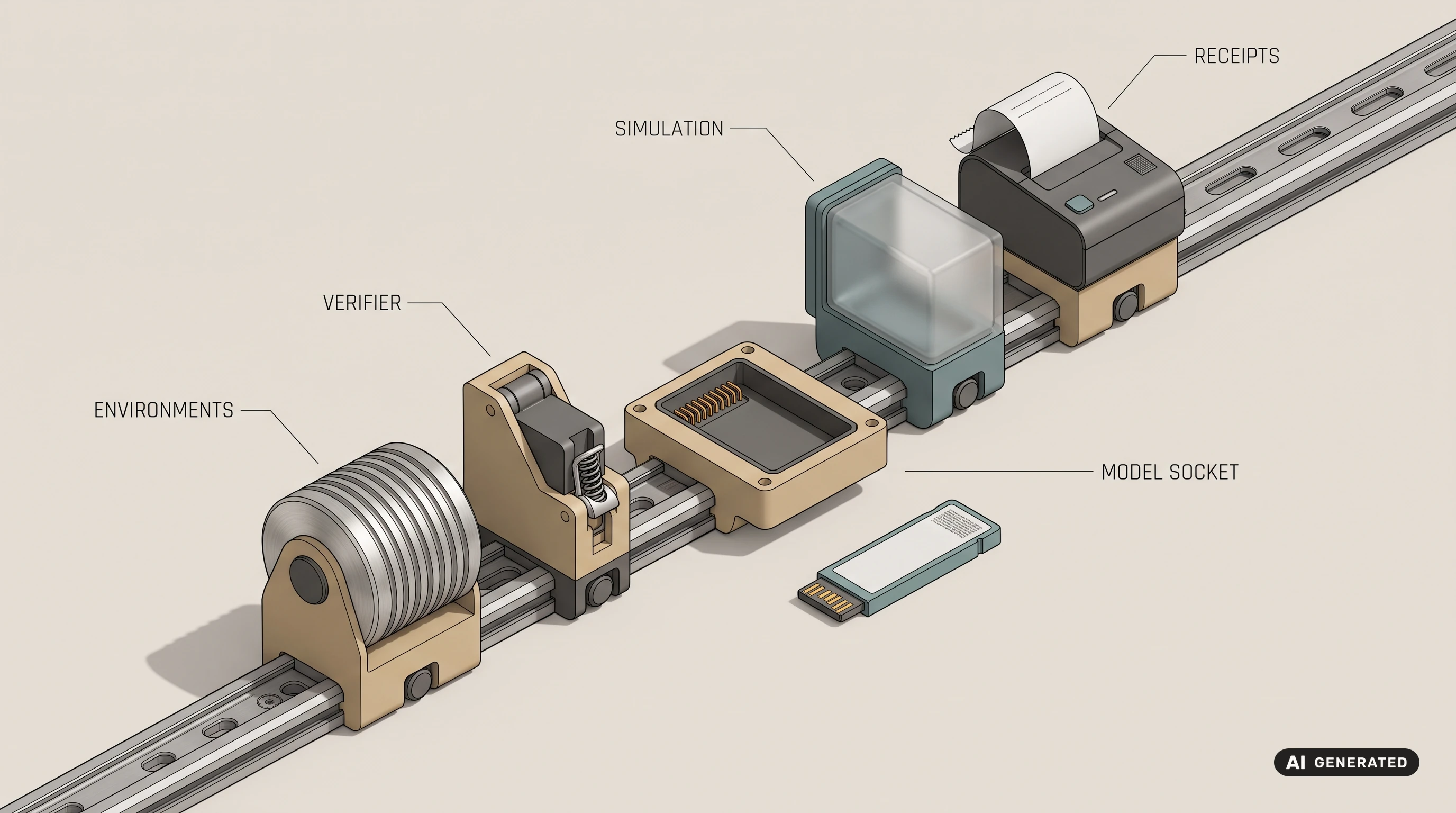 Isometric render of five instrument modules clamped to one shared rail, with the central model socket left empty and a spare cartridge unplugged beside it