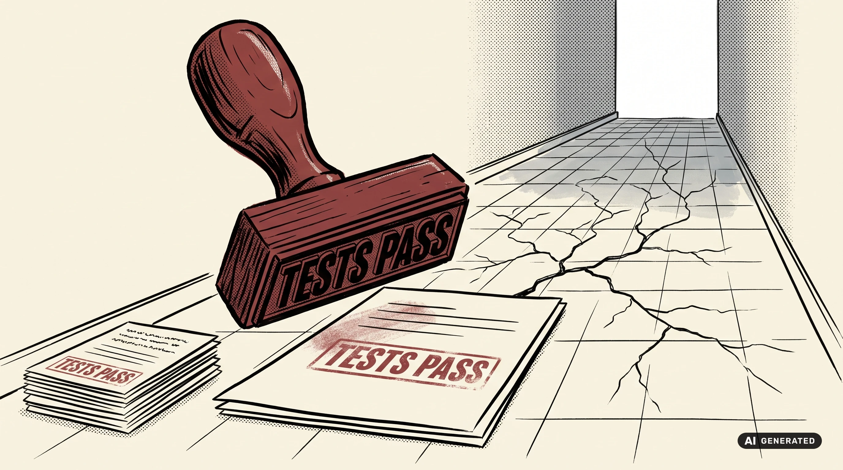 Editorial illustration of a rubber TESTS PASS stamp at the mouth of a corridor whose floor fractures beyond the stamp's reach
